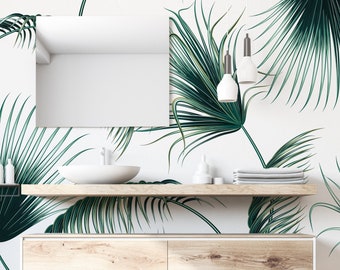 Green & White Tropical Palm Leaves Congo Wallpaper Mural - Removable Self-adhesive Wallpaper - Peel and Stick