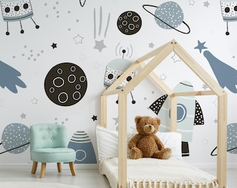 Blue and Grey Children's Space Leo Wallpaper Mural - Removable Self-adhesive Wallpaper