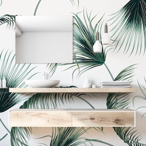 Green & White Tropical Palm Leaves Congo Wallpaper Mural - Removable Self-adhesive Wallpaper - Peel and Stick