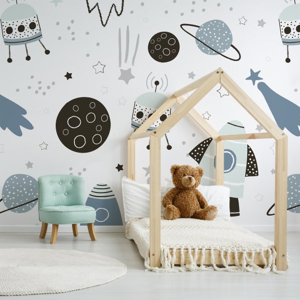 Blue and Grey Children's Space Leo Wallpaper Mural - Removable Self-adhesive Wallpaper