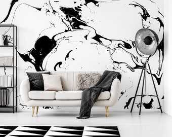 Modern Black and White Marble Swirl Mono Swirl Wallpaper Mural - Removable Self-adhesive Wallpaper - Peel and Stick