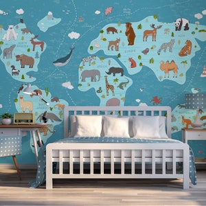 Blue World Map Of Animals Atlas Blue Wallpaper Mural - Removable Self-adhesive Wallpaper - Peel and Stick