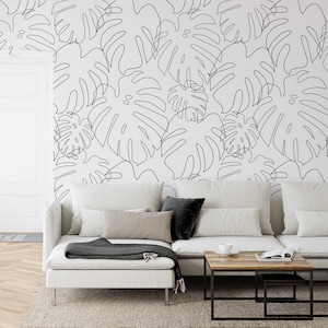 Black & White Minimalistic Monstera Leaf Outlines Minimal Monstera Mono Wallpaper - Peel and Stick