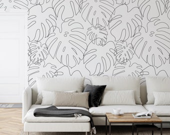 Black & White Minimalistic Monstera Leaf Outlines Minimal Monstera Mono Wallpaper - Peel and Stick