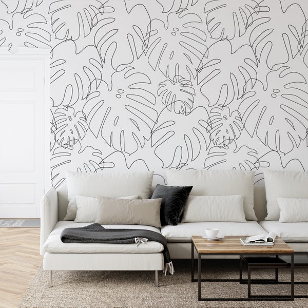 Black & White Minimalistic Monstera Leaf Outlines Minimal Monstera Mono Wallpaper - Peel and Stick