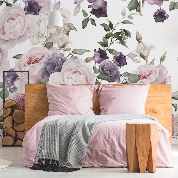 Pink and White Floral Watercolour Illustration Rosie Wallpaper Mural - Removable Self-adhesive Wallpaper - Peel and Stick