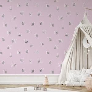 Pink Alphabet Letters & Etched Animals Alphabet Wallpaper - Removable Self-adhesive Wallpaper - Peel and Stick