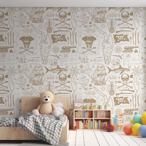 Gold Pirate Map & Skulls Blackbeard Royale Wallpaper Mural - Removable Self-adhesive Wallpaper - Peel and Stick