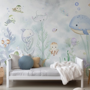 Baby Watercolour Ocean Life Nursery Caspian Wallpaper Mural - Removable Self-adhesive Wallpaper - Peel and Stick