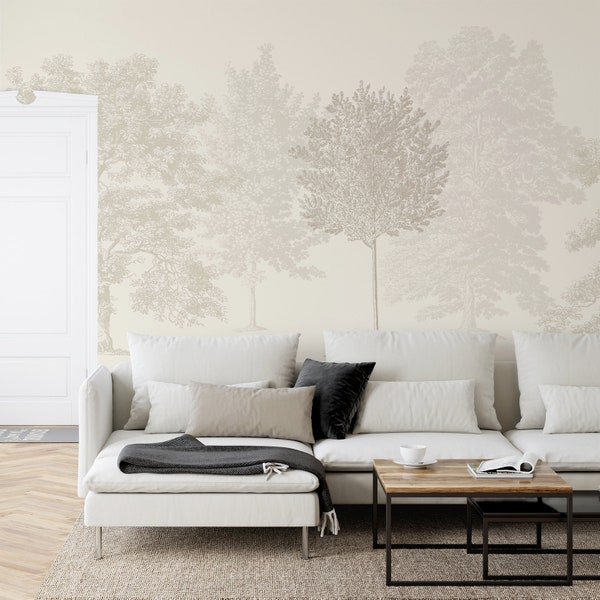 Cream Neutral Illustrated Washed Out Trees Muted Forest Wallpaper Mural - Removable Self-adhesive Wallpaper - Peel and Stick