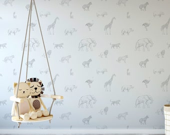 Grey & White Sketched Safari Sketchbook Kijivu Animals Wallpaper - Removable Self-adhesive Wallpaper - Peel and Stick