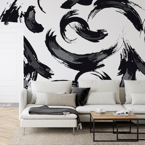 Black and White Large Scandinavian Abstract Brushstroke Gergo Wallpaper Mural - Removable Self-adhesive Wallpaper - Peel and Stick
