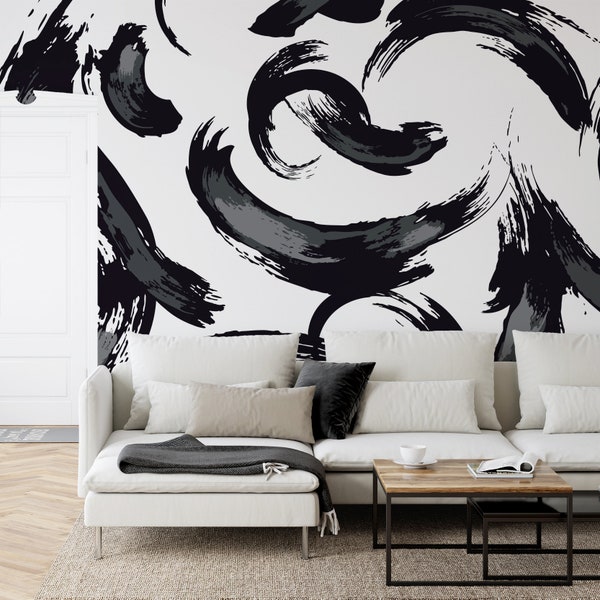 Black and White Large Scandinavian Abstract Brushstroke Gergo Wallpaper Mural - Removable Self-adhesive Wallpaper - Peel and Stick