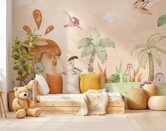 Watercolor Dinosaur Wallpaper Mural: Peel and Stick Kids Decor