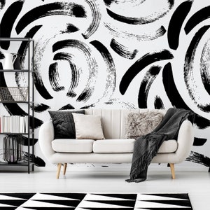 Black and White Abstract Brushstroke Alpha Wallpaper Mural - Removable Self-adhesive Wallpaper - Peel and Stick