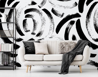 Black and White Abstract Brushstroke Alpha Wallpaper Mural - Removable Self-adhesive Wallpaper - Peel and Stick