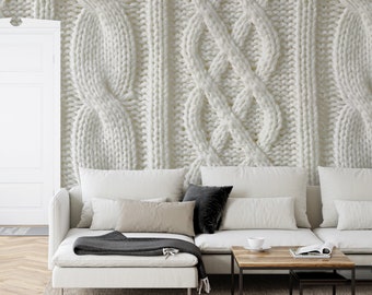 Cream Cable Knit Wool Cozy Wallpaper Mural - Removable Self-adhesive Wallpaper - Peel and Stick
