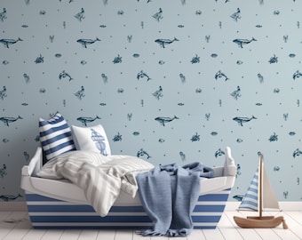 Blue Sea Life Wallpaper Mural – Navy Starfish Pattern, Removable Peel and Stick