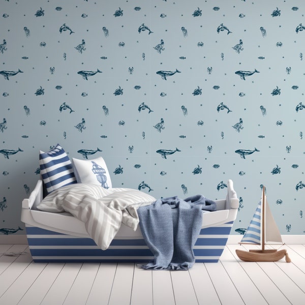 Blue and Navy Sea Animals and Starfish Pattern Starry Sea Life Ocean Wallpaper Mural - Removable Self-adhesive Wallpaper - Peel and Stick