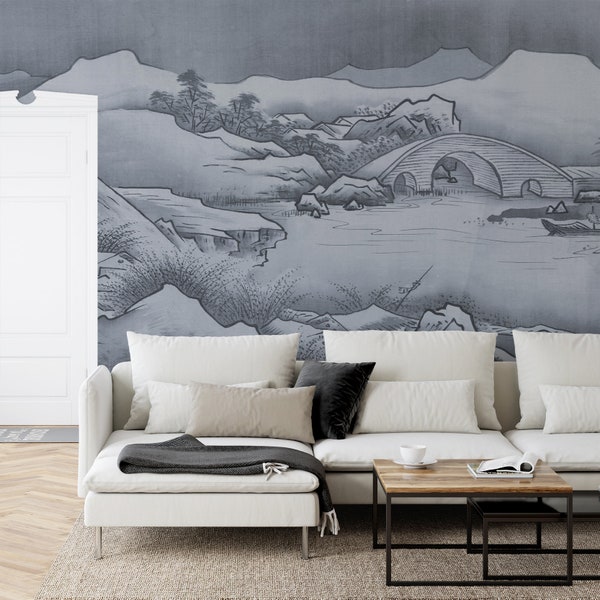 17th Century Ink Silk Grey Japanese Ancient Wallpaper Mural - Removable Self-adhesive Wallpaper - Peel and Stick