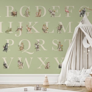 Green Alphabet Letters & Etched Animals Alphabet Wallpaper Mural - Removable Self-adhesive Wallpaper - Peel and Stick