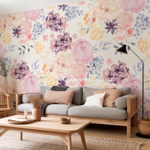 Watercolour Foliage Of Colourful Flowers Pastel Rose Dreams Wallpaper Mural - Removable Self-adhesive Wallpaper - Peel and Stick
