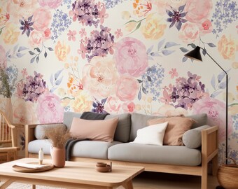 Watercolor Floral Wallpaper Mural – Pastel Rose, Peel and Stick