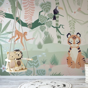Cute Cartoon Tiger Jungle Pastel Wallpaper Mural - Removable Self-adhesive Wallpaper - Peel and Stick