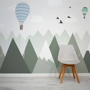 Sage Mountain Tops and Hot Air Balloons Dreams Wallpaper Mural - Removable Self-adhesive Wallpaper - Peel and Stick