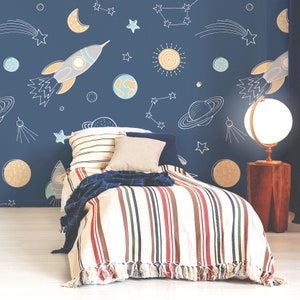 Children's Navy Blue Space Wrigure Night Wallpaper Mural - Removable Self-adhesive Wallpaper - Peel and Stick