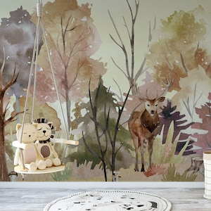 Watercolour Woodland Enchanted Autumn Animals Scene Wallpaper Mural - Removable Self-adhesive Wallpaper - Peel and Stick