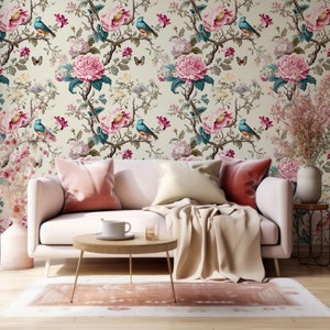 Cream Chinoiserie Branches, Birds, Butterflies and Flowers Avianesque Wallpaper Mural - Removable Self-adhesive Wallpaper - Peel and Stick