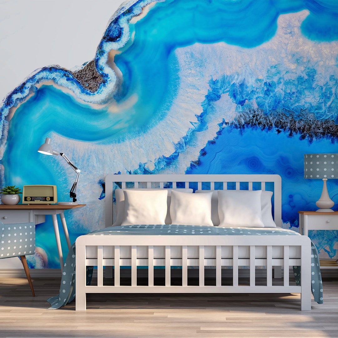 Blue Agate Slice Marble Effect Celestine Wallpaper Mural - Etsy
