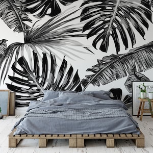 Black and White Large Tropical Leaves Ebony Wallpaper Mural - Removable Self-adhesive Wallpaper - Peel and Stick
