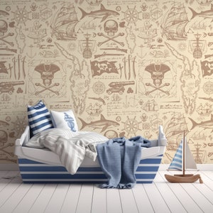 Beige Pirate Map & Skulls Blackbeard Wallpaper Mural - Removable Self-adhesive Wallpaper - Peel and Stick