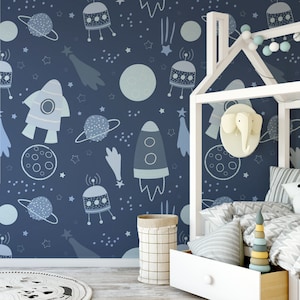 Light Blue & Navy Children's Space Leo Midnight Wallpaper Mural - Removable Self-adhesive Wallpaper
