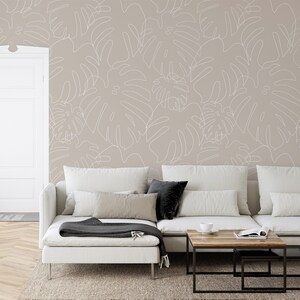 Beige Minimalistic Monstera Leaf Outlines Minimal Monstera Sand Wallpaper - Peel and Stick