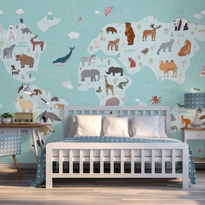 Turquoise World Map Of Animals Atlas Teal Wallpaper Mural - Removable Self-adhesive Wallpaper - Peel and Stick