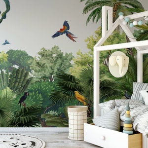 Colourful Parrots In Jungle Canopy Jungle Wallpaper Mural - Removable Self-adhesive Wallpaper - Peel and Stick