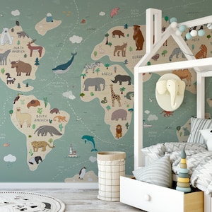 Opal World Map Of Animals Atlas Green Wallpaper Mural - Removable Self-adhesive Wallpaper - Peel and Stick
