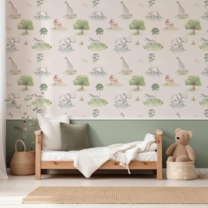 Children&#39;s Cute Watercolor Safari Animals And Trees Geo Wild Wallpaper - Removable Self-adhesive Wallpaper - Peel and Stick