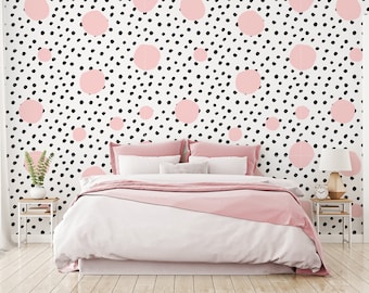 Pink and Black Polka-Dot Wallpaper Mural – Removable Self-Adhesive