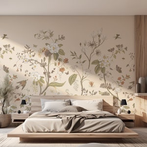 Beige Botanical Victorian Plants, Florals & Birds Lily Lane Neutral Wallpaper - Removable Self-adhesive Wallpaper - Peel and Stick