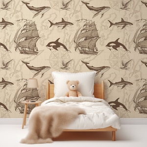 Beige Ships Whales Map Odyssey Sepia Wallpaper Mural - Removable Self-adhesive Wallpaper - Peel and Stick