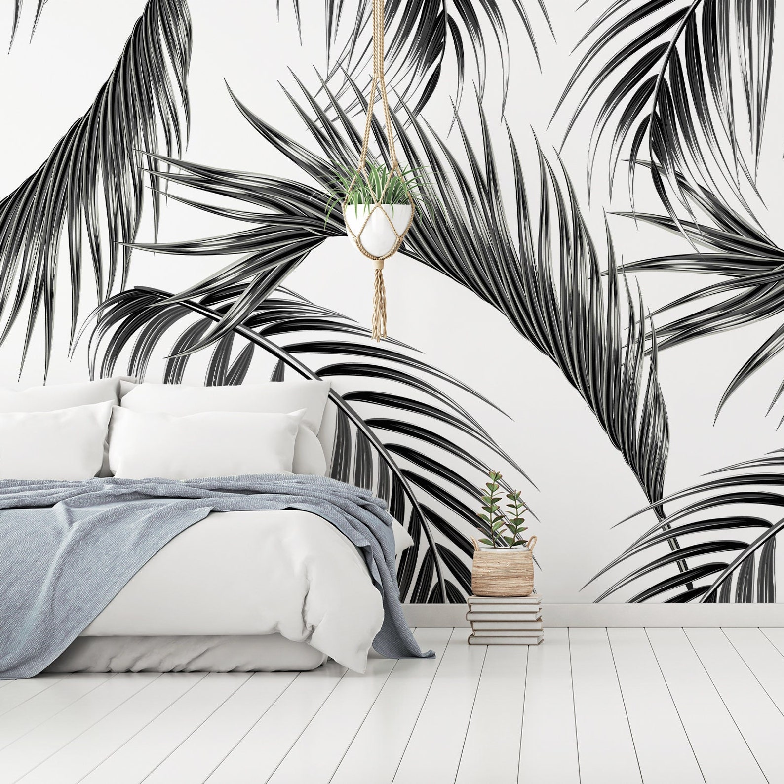 Black and White Palm Leaf Wallpaper Mural – Tropical Scandinavian Peel ...