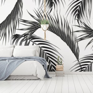 Black and White Palm Leaf Wallpaper Mural – Tropical Scandinavian Peel ...