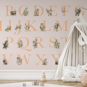 Beige Alphabet Letters & Etched Animals Alphabet Wallpaper Mural - Removable Self-adhesive Wallpaper - Peel and Stick