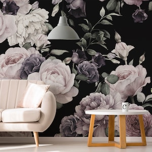 Pink and Black Floral Watercolour Rose Wallpaper Mural - Removable Self-adhesive Wallpaper - Peel and Stick