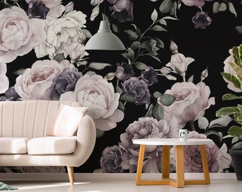 Pink and Black Floral Watercolour Rose Wallpaper Mural - Removable Self-adhesive Wallpaper - Peel and Stick