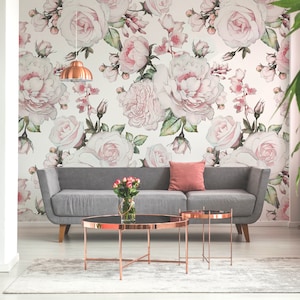 Farmhouse Pink Floral Bonica Wallpaper Mural - Removable Self-adhesive Wallpaper - Peel and Stick